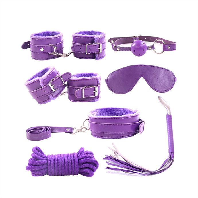 7pcs Leather Plush Sex Bondage Set Handcuffs Whip Eyemask Sex Restraining Toy