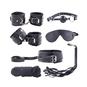 7pcs Leather Plush Sex Bondage Set Handcuffs Whip Eyemask Sex Restraining Toy
